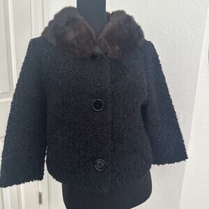 Vintage I Magnin Cropped Jacket Mink Collar 3/4 Sleeve Nubby Wool Black Small